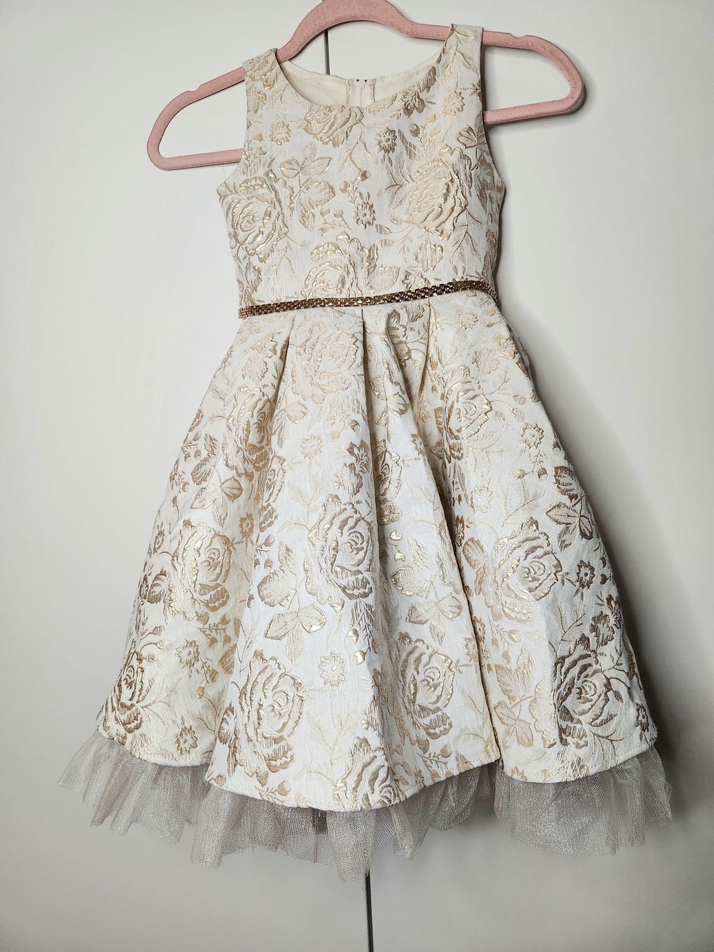 Ivory and Gold Floral Jacquard Girls' Party Dress